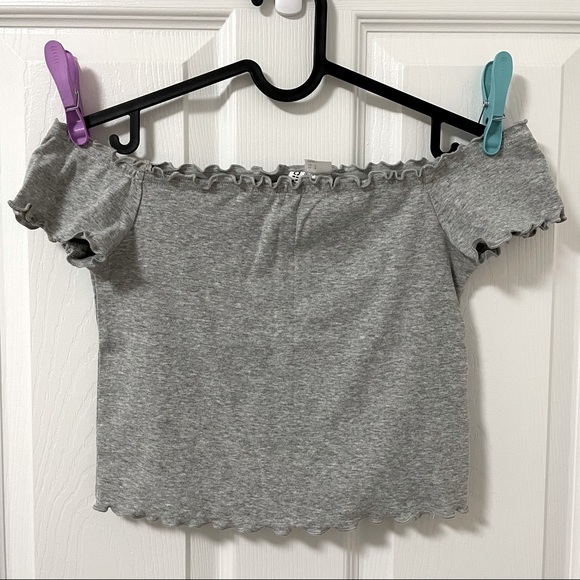 Off Shoulder Frill Trim Solid Grey Crop Top Tee | Size S | H&M - Picture 2 of 10